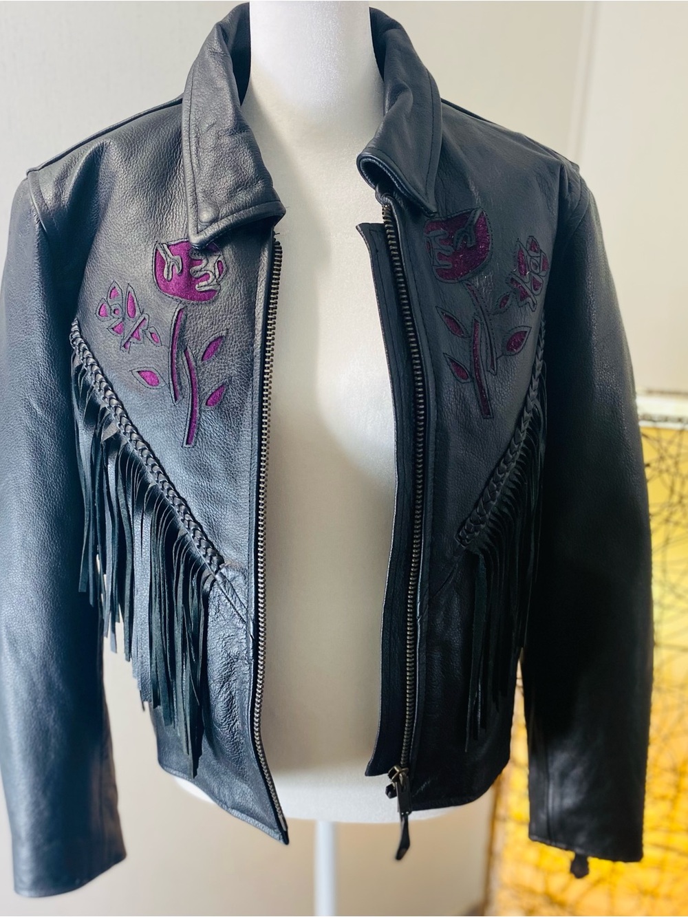 Women's Black Leather Fringe Jacket with Purple Floral Appliqué